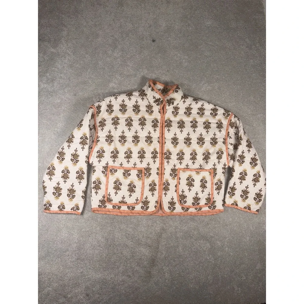Free People Chloe Quilted Jacket XS Peach Ivory Folk Print Boho Dolman Cropped